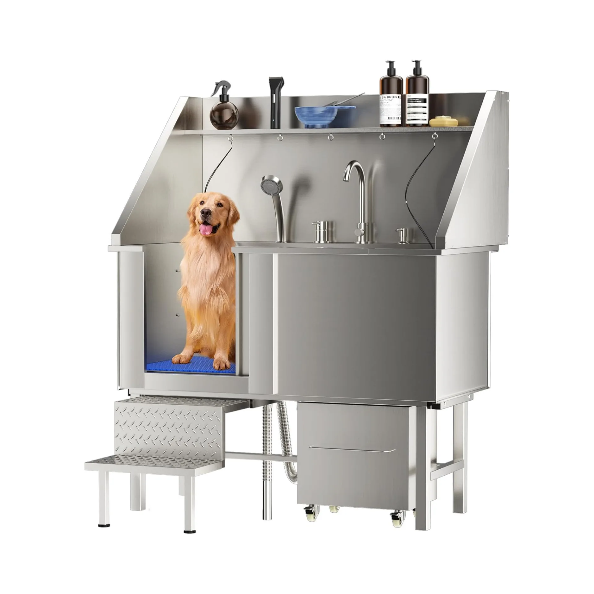 

Stainless Steel Dog Bathing Tub with Ramp Faucet Shelf Professional Pet Grooming Washing Station for Large Dogs