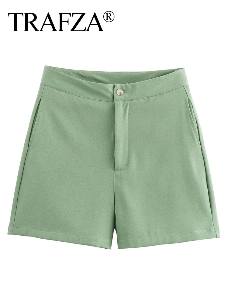 TRAFZA-Mini shorts de cintura alta com bolsos laterais para mulheres, streetwear chique feminino, monocromático, popular e elegante, 4 cores, verão