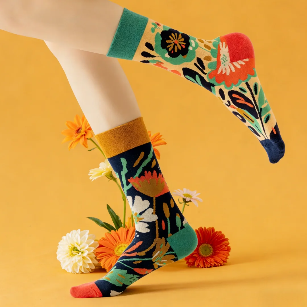 【1 Paar】Retro-Socken mit Farbblock- und Blumenmuster, der stilvolle Touch der künstlerischen Jugend, geeignet für alle Jahreszeiten