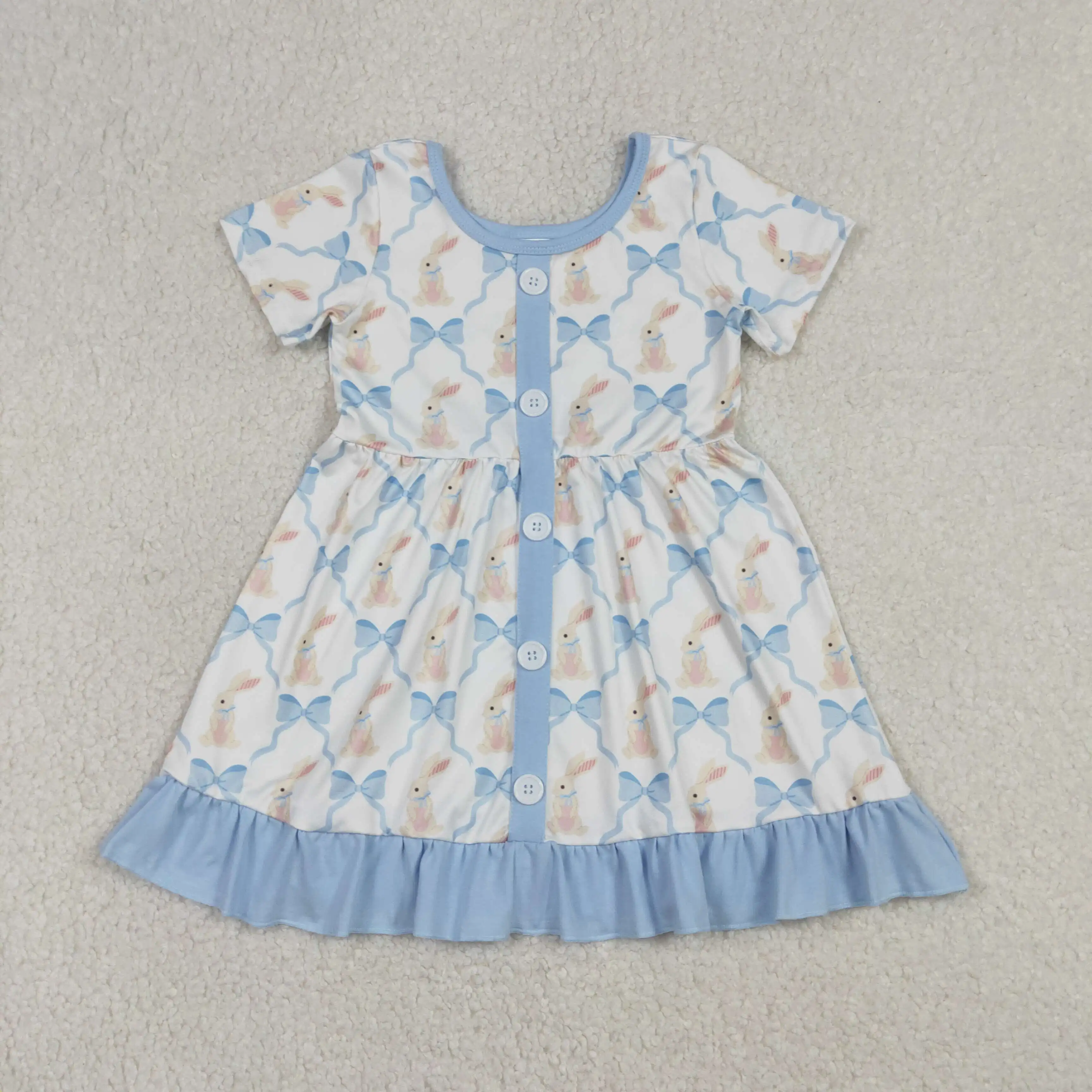

z0107-04 GSD3416 girl dresses baby girl clothes easter bunny bow short sleeve Dress Wholesale Boutique kids clothes girl