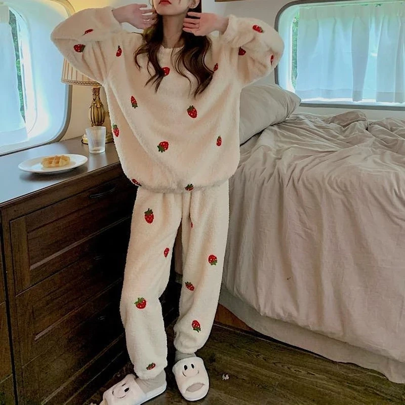 

Women Pajama Sets Chic Kawaii Simple Strawberry Korean Style Chic Loose Female Cozy Sweet O-neck Homewear Soft Warm Loungewear