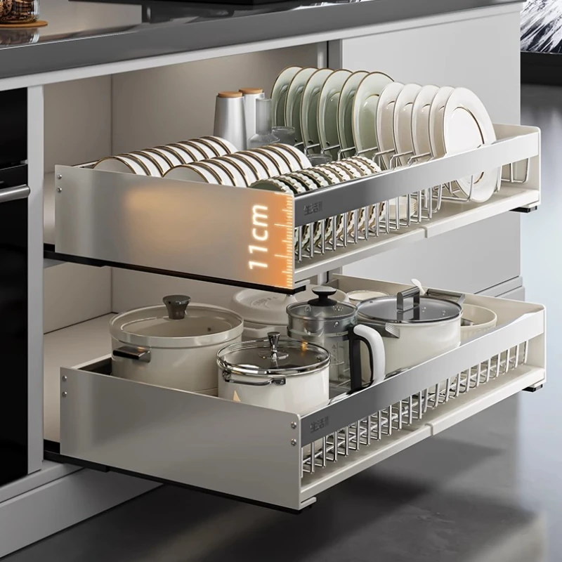 

Stainless Steel Kitchen Cabinet Basket Pull Out Dish Organizer Heavy Duty Storage Drawer for Utensils Space Saving Bowl Shelf