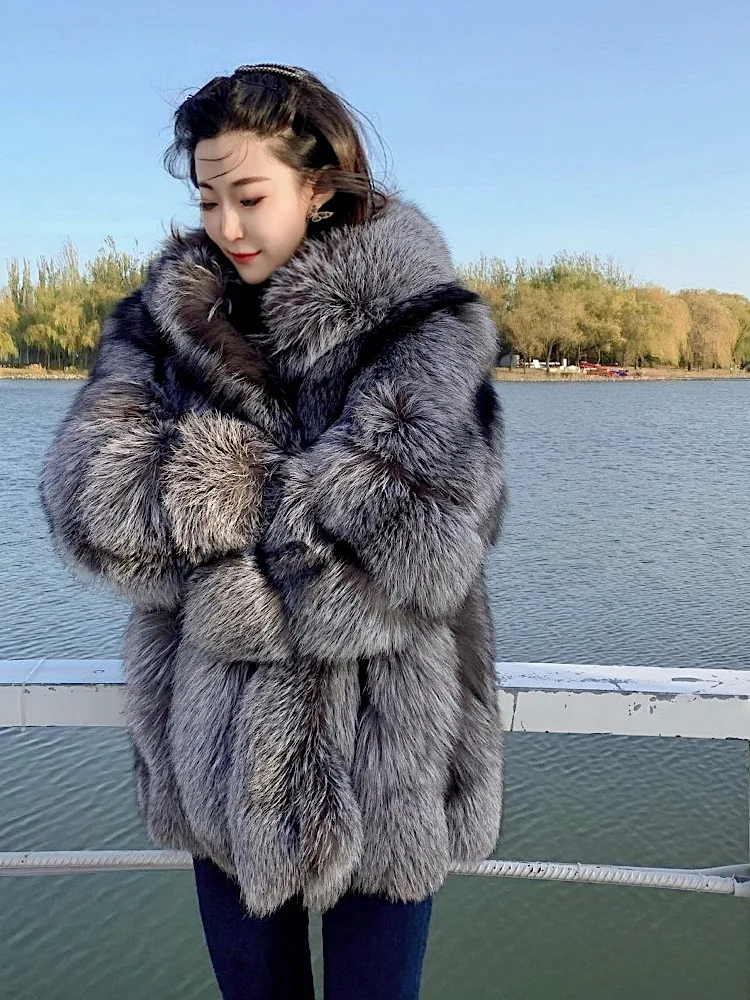 

Silver Red Fox Fur Hooded Fur One-Piece Young Mid-Length Women's Fur Plush Coat Winter Large Size Winter Fox Fur Jacket Hood Coa