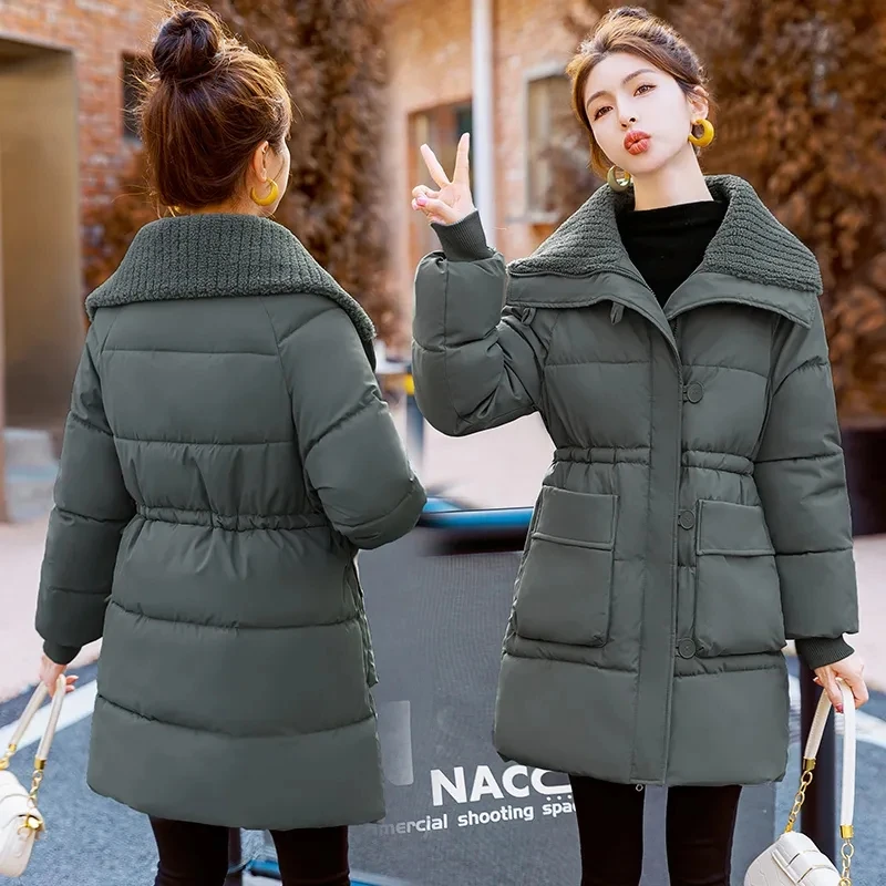 Korean Large Lapel Down Cotton-Padded Jacket for Women, Winter Overcoat, New Warm Parker Coats, Long Loose Lace-Up Thick Coat