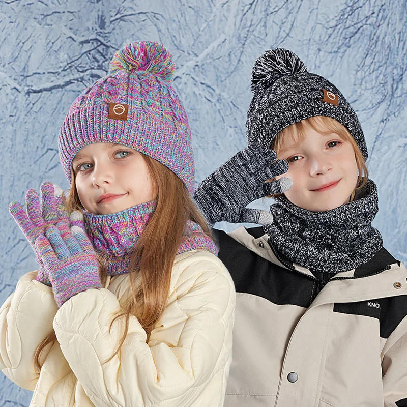 

3Pcs Children Hat Scarf Gloves Set Winter Ear Protection Knitted Hats for Boys Girls Outdoor Warmer Beanie Accessories 4-10Years