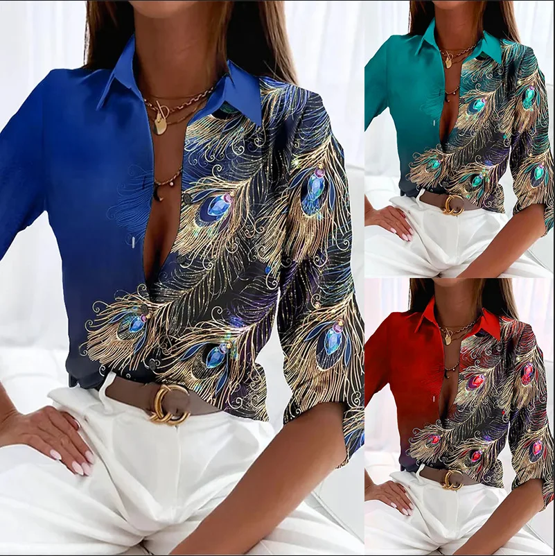 

Women's Tops 2023 Autumn Fashion New Jewel Feather Print Long Sleeve Blouse Female