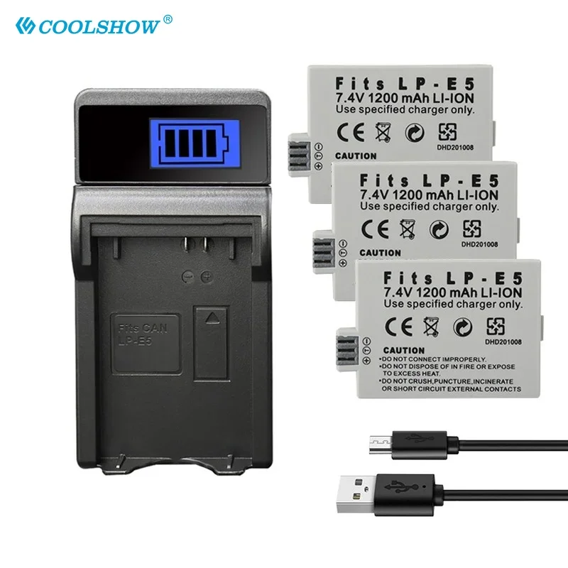 LP-E5 LP E5 Battery Charger For CANON EOS 450D 500D 1000D KissX3 KissX2, Kiss F Rebel T1i Rebel XS XSi Camera 1200mAh Batteries