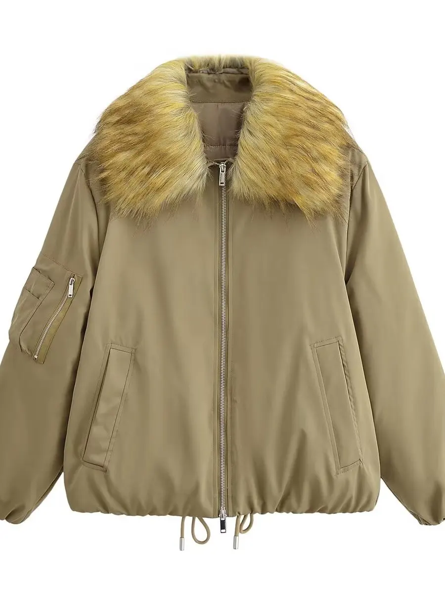 

Winter 2025 New Women's High-End Synthetic Fur Effect Pilot Jaet Coat Vintage Sle Loose Fit Long Sve Warm Zipper Closure