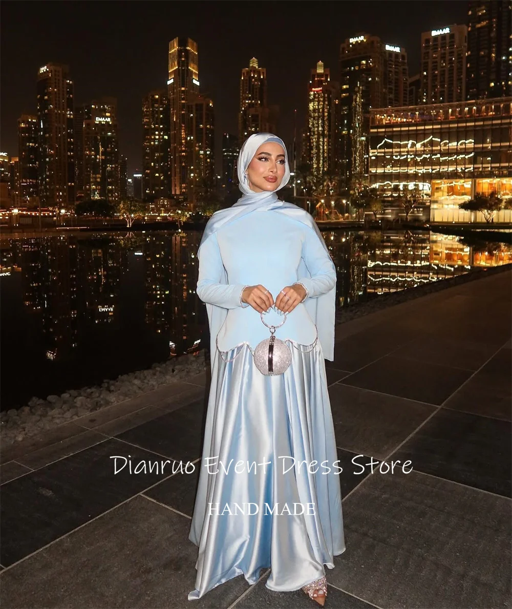 Dianruo 2025 robes de soirée modestes musulmanes Satin une ligne robes de bal plissées longueur de plancher robes de soirée de mariage saoudiennes personnalisées