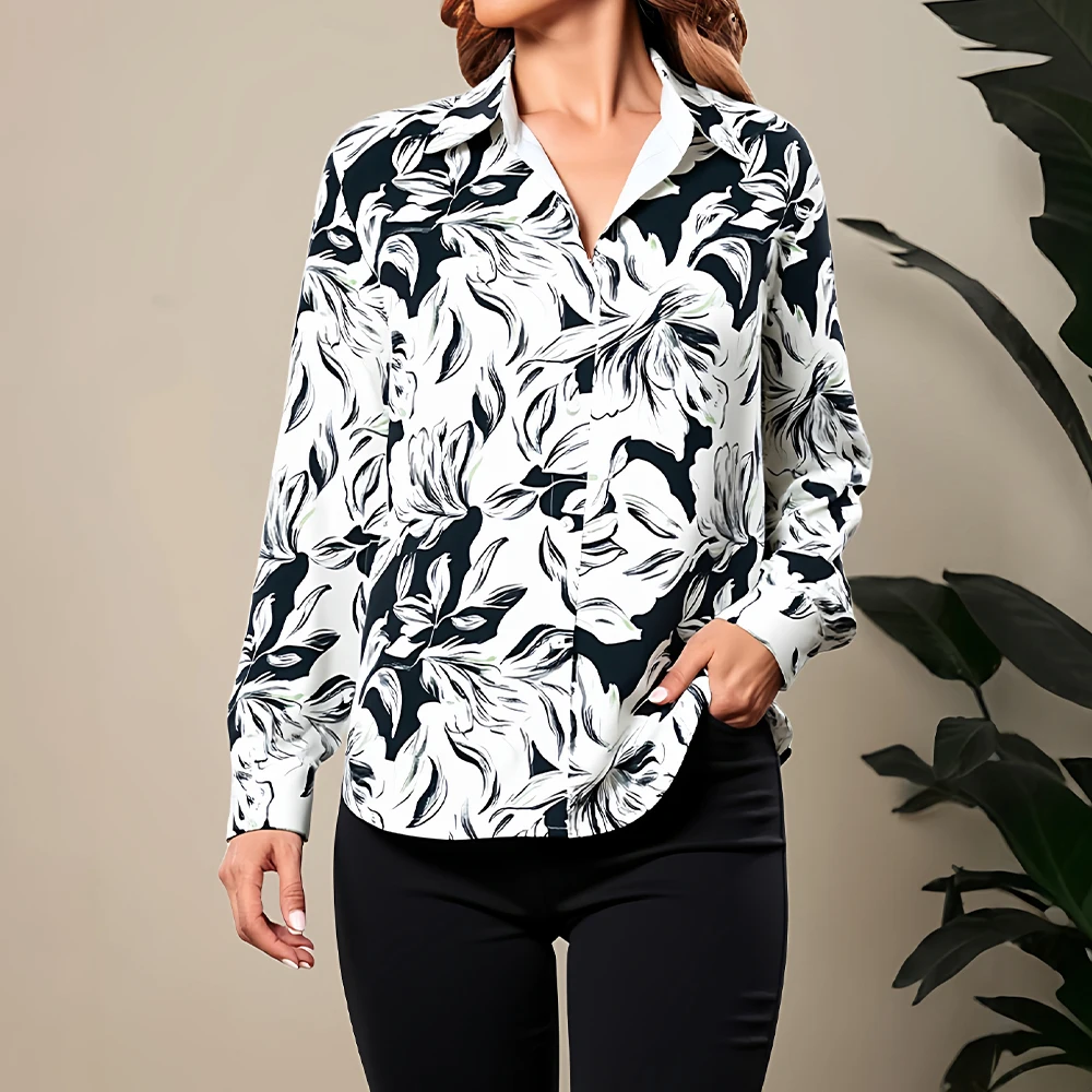 

Mia Muse Boutique Women's Shirts Autumn Elegant Full Print Single Breasted Long Sleeve Shirt Collar Modest Fashion Shirts