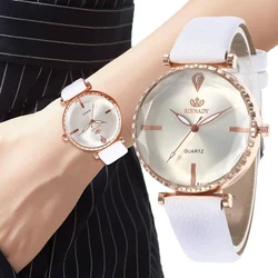 Reloj de cuarzo con diseño de diamante para mujer, pulsera de cuero blanco a la moda, de lujo, 2023