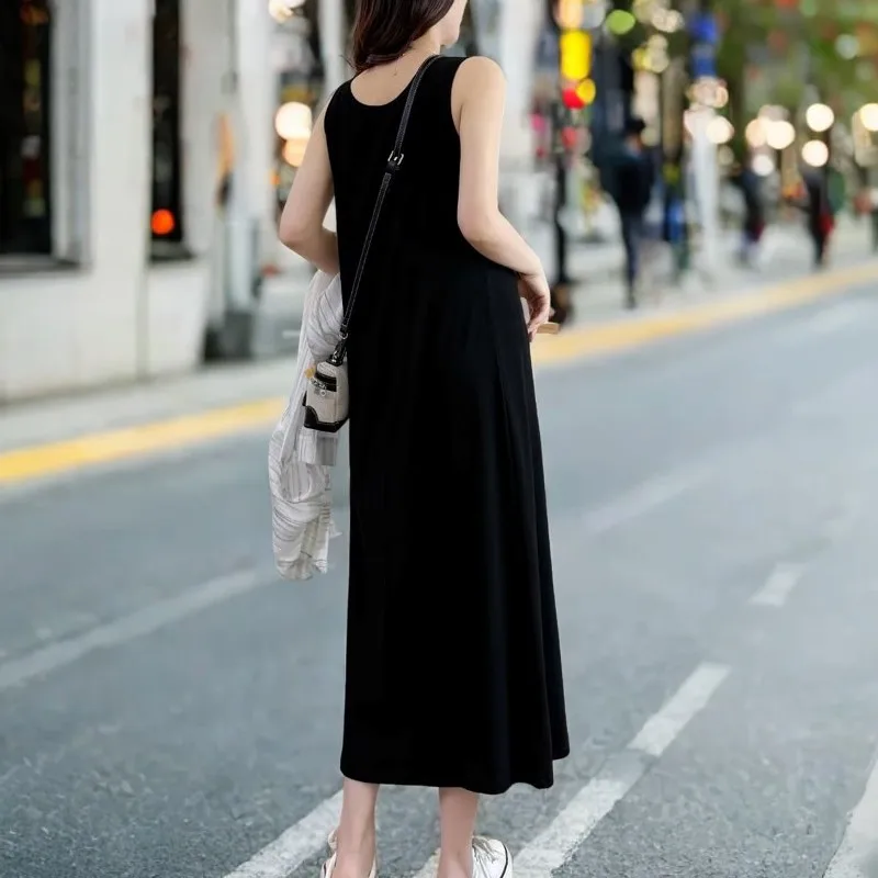 여름 새로운 플러스 사이즈 여성복 100KG 솔리드 컬러 롱 탱크 드레스 민소매 내부 Sundress 863