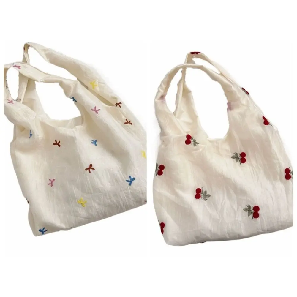 달콤한 수 놓은 활 토트 백 쉬폰 솔리드 컬러 체리 숄더 백 대용량 경량 캔버스 겨드랑이 가방 쇼핑