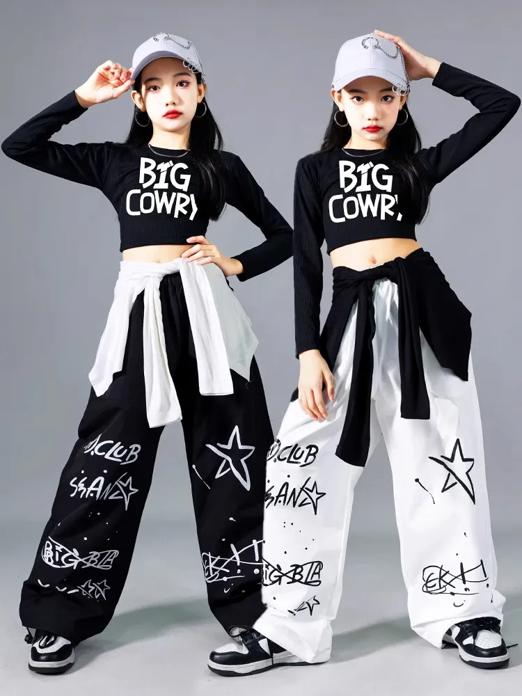 

New Girls Jazz Dance Costume Kids Hip Hop Practice Clothing Long Sleeves Crop Tops Sweatpants Sport Jogger Street Wear BL14032