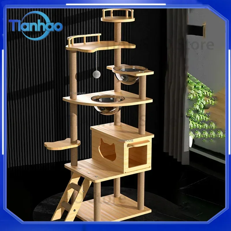Cat Tree Basket Toy Bed Hammock House Climbing Frame Cat Tower with Bowl Cat Condo Tunnel for Indoor Outdoor Wooden Pet