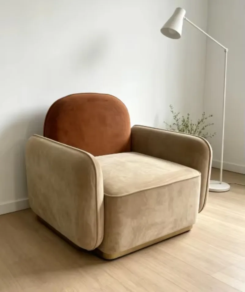 Two-tone velvet upholstered chair, modern living room reading corner single casual armchair with gold base