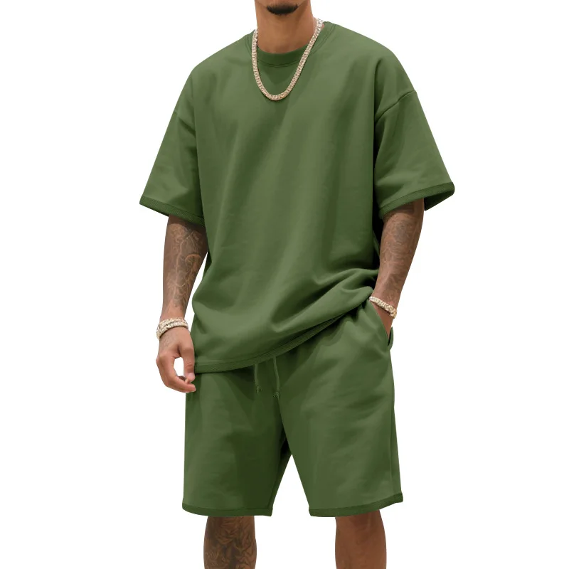 Men's Summer American-Style Loose Heavy Sweater High Street Hip-Hop Sport Short-Sleeved Set with Shorts