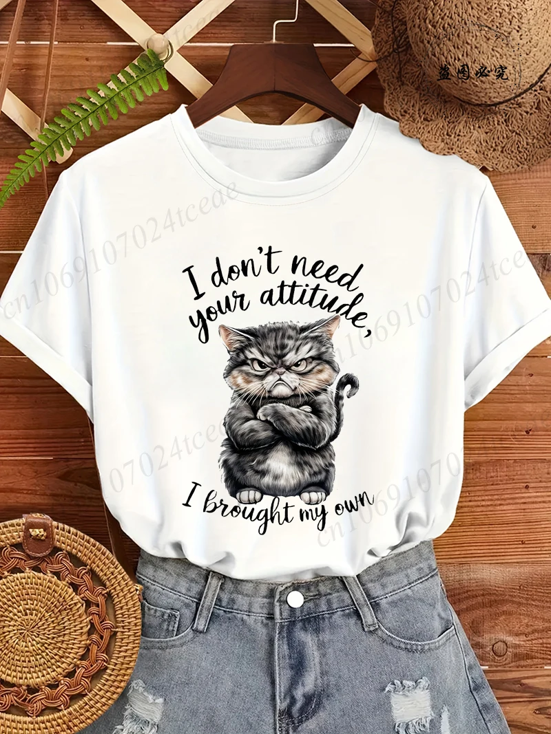 I Don't Need Your Attitude Print Women's Tee Clothing, Funny Angry Cat Quote Women T-Shirts Top,short Sleeve Tee Shirts Clothing