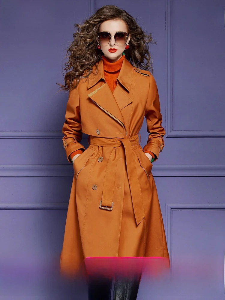 

Fashionable Midi Length Women's Windbreaker Jacket Casual Stylish Waist-Cinching Design British Style Polyester Fiber Coat