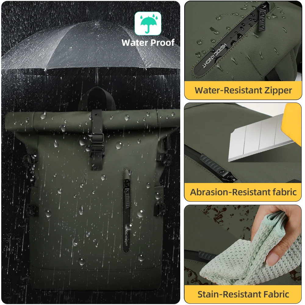 Heroic Knight-mochila impermeable para hombre, morral escolar de gran capacidad con puerto USB, para ordenador portátil de 15,6 pulgadas, color verde