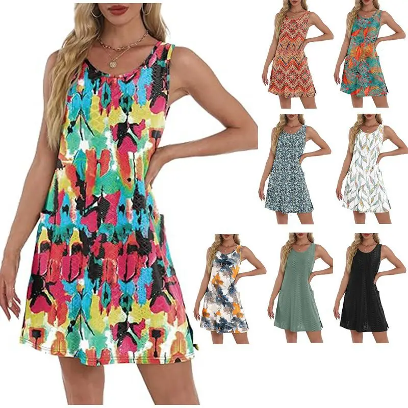 

2026 New Summer Women's Trendy Comfortable Eyelet Printed Casual Sleeveless Vest Pocket Dress for Women