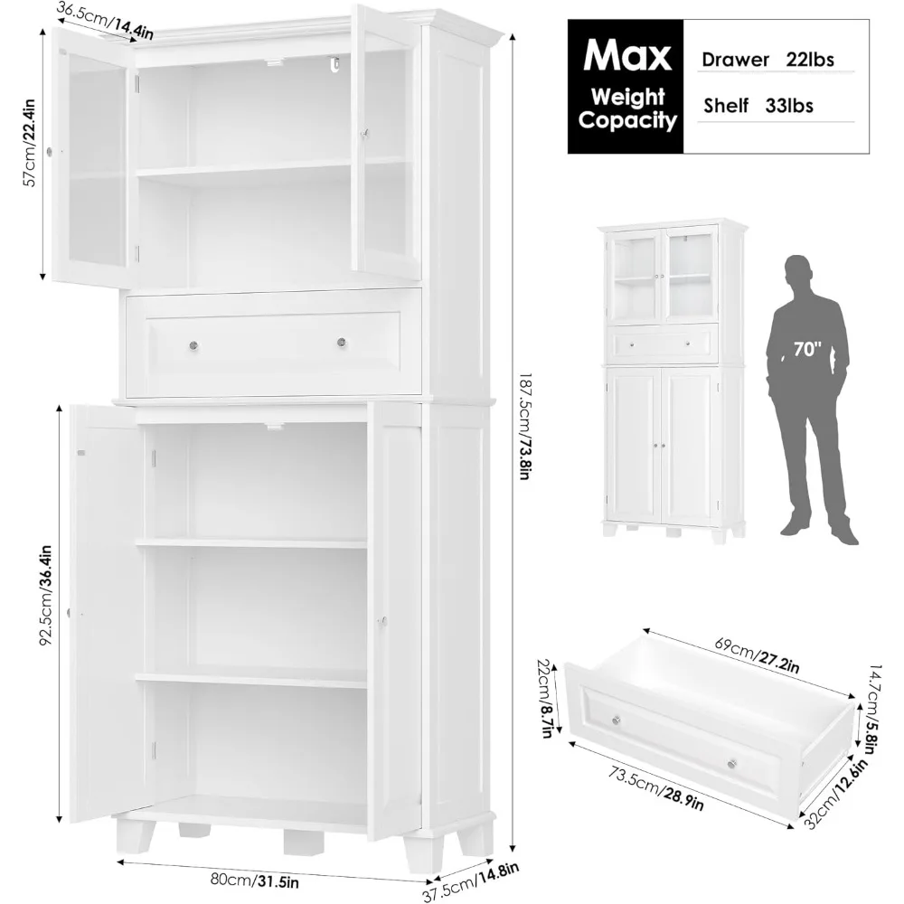 خزانة تخزين الحمام قائمة بذاتها بطول 73.8 بوصة مع أبواب زجاجية ذات درج كبير وخزانة كتان أرفف قابلة للتعديل