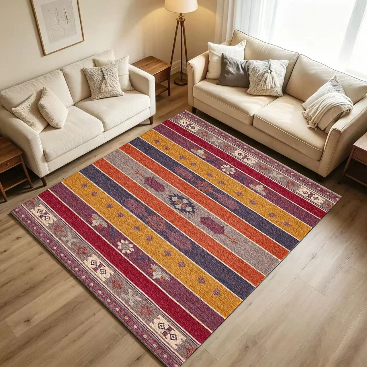 Ethnic Bohemian Vertical Stripe Carpet Flooring Vintage Kilim Geometric Tribal Motif Printed Floor Rug for Household Indoor Home