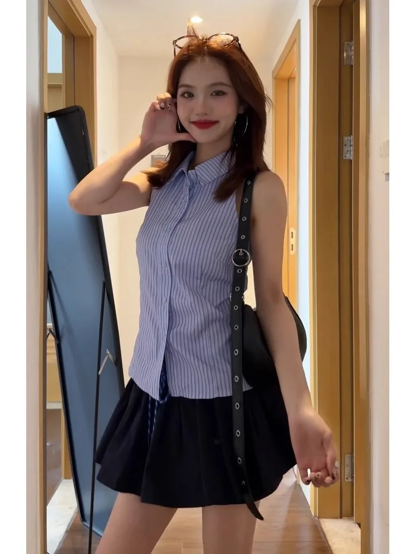 Summer New Women's Purple Striped Svel irt Waist Cinched Belted Spicy Girl Beautiful Small Top French Sle Slim Fit