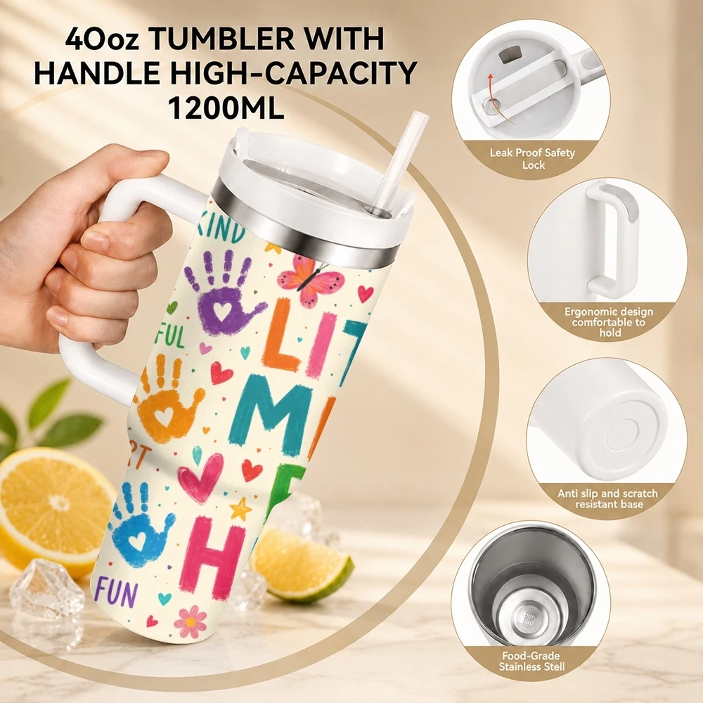 Cute Children's Drawings Vacuum Flasks 40oz Stainless Steel Travel Tumbler with Handle Straw Lid Double Wall Vacuum Insulated