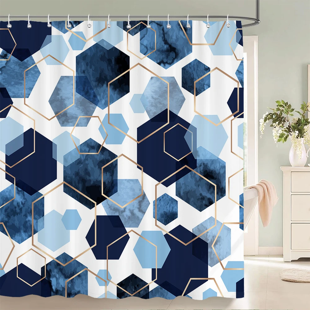 

Blue Geometric Hexagonal Shower Curtains Waterproof Fabric Bathroom Curtain with Hooks Decoration Bath Screen Toilet Partition