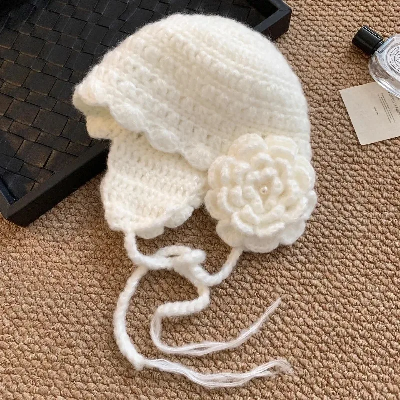 New Fashion Korean Version Sweet Flower Earflaps Women's Hats Autumn and Winter Travel Warm Versatile Cute Strap Beanies Y2K