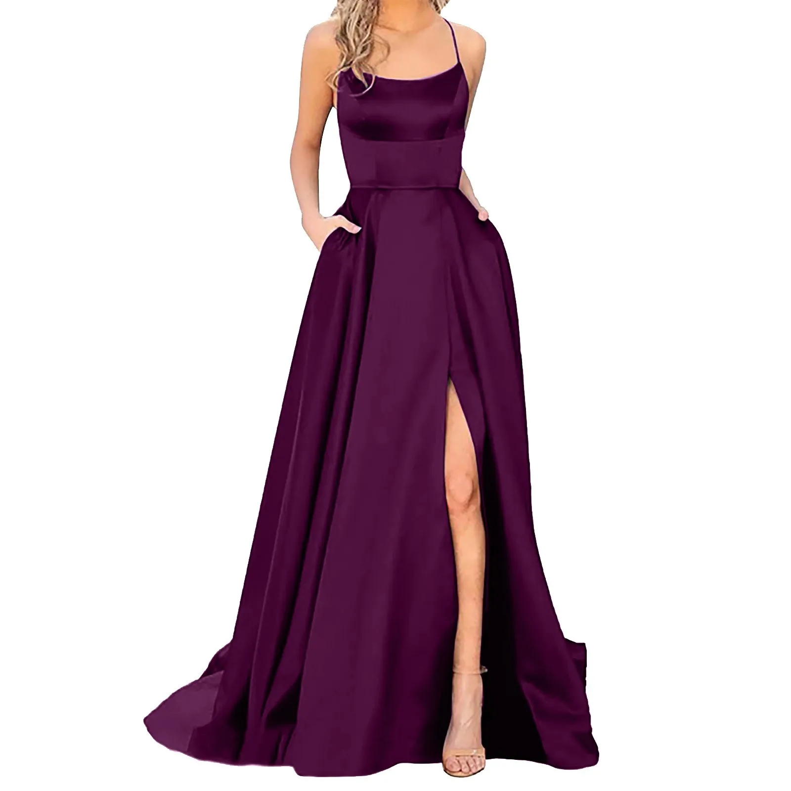 Abiti da ballo da donna lunghi da donna eleganti abiti lunghi senza schienale con scollo all'americanaCrisn abito da ballo in raso con spacco laterale da sposa