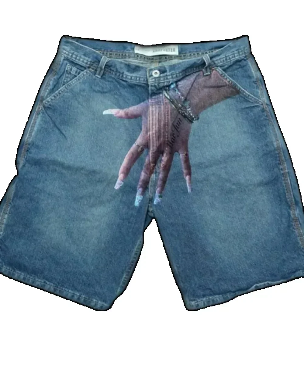 Y2K vintage baggy jeans shorts para mulheres, mãos impressas, streetwear, carga coreana, azul, denim, azul