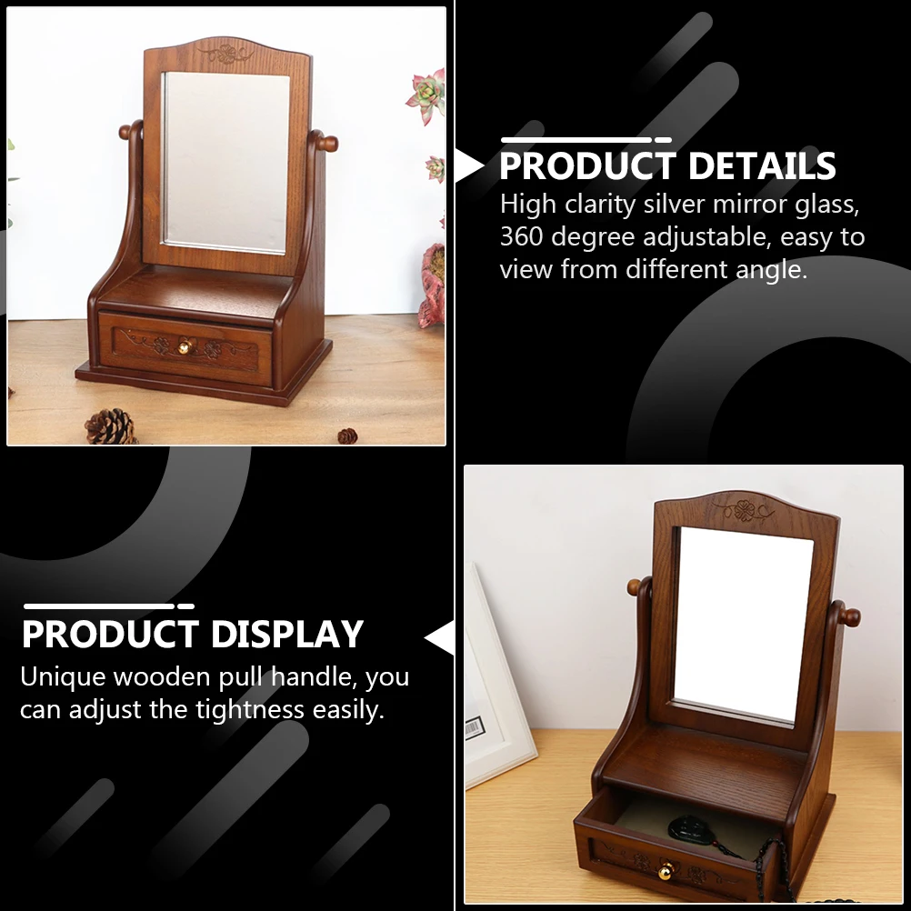 مرآة زينة عتيقة، مرآة مكياج خشبية قابلة للتعديل لسطح المكتب بزاوية 360 درجة، طاولة تسريحة كلاسيكية من الزجاج الفضي عالي الوضوح #4