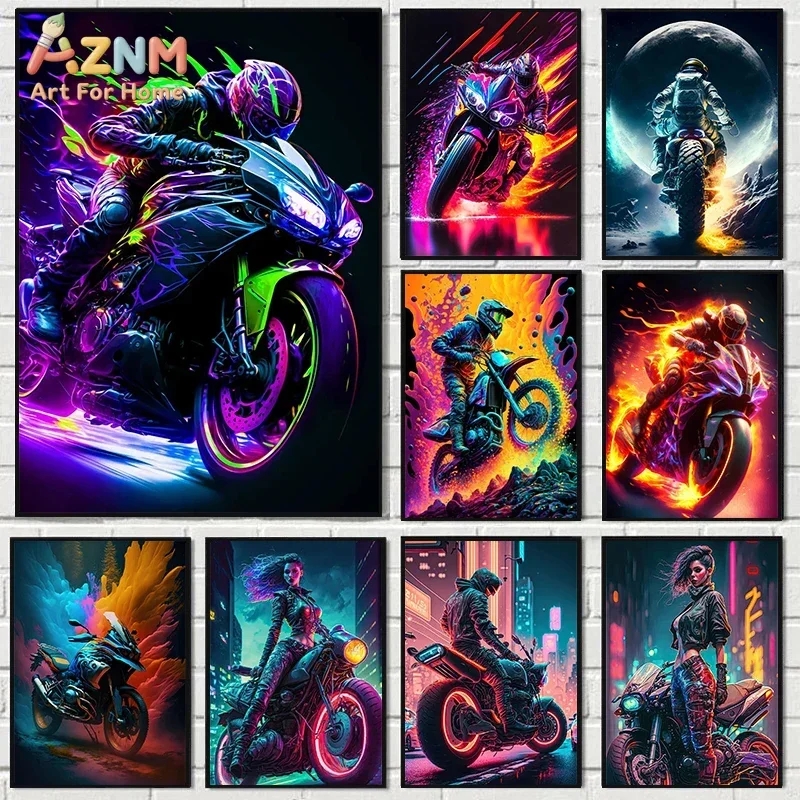 AZNM Neon Motorcycle Canvas Print, Frameless Cool Biker Motorbike Wall Art Poster, Cyberpunk Style for Boys Room Man Cave Decor