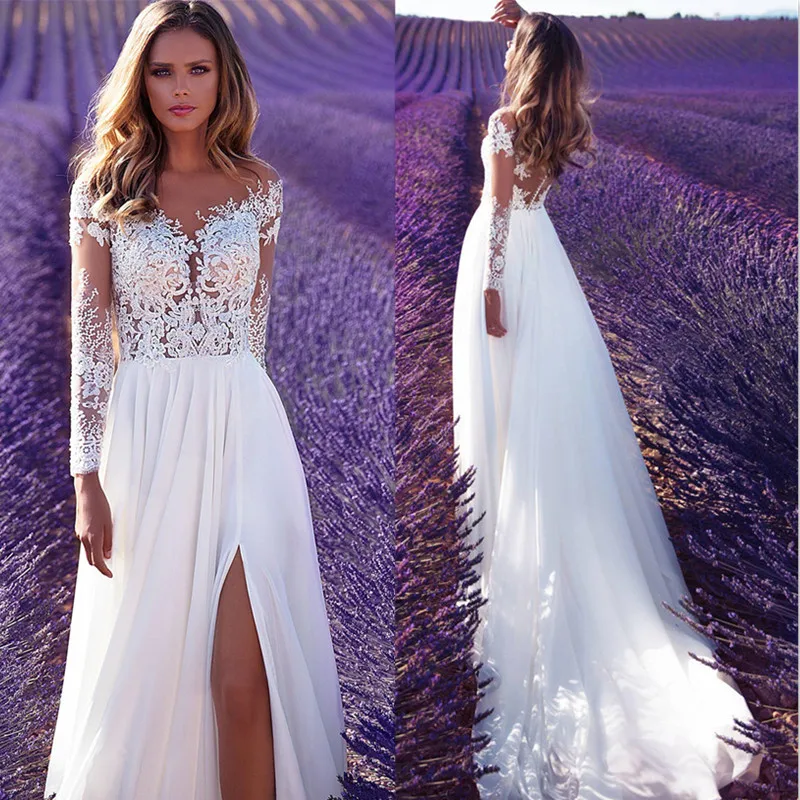 

Boho Long Sleeves Wedding Dress Beach A-Line V-neck Lace Appliques Cheap Country Style Bridal Gowns Vestidos De Noiva 2024