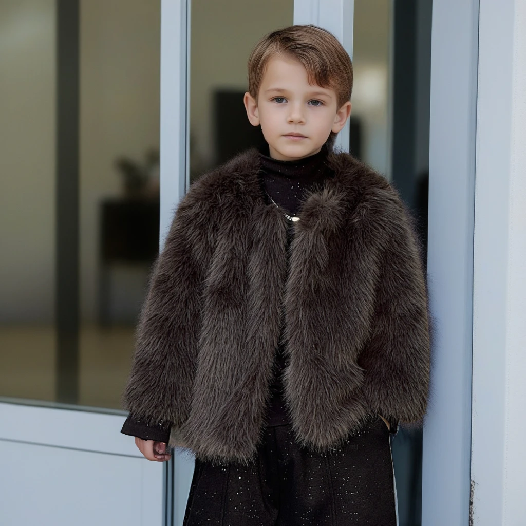 

Winter Kids Faux Fox Fur Coat Unisex Thick Warm Plush Jacket for Boys & Girls Fashion Casual Soft Children's Windproof Outerwear