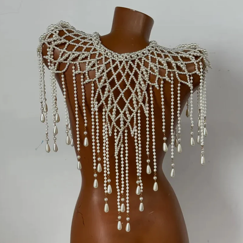 Vintage Damen Perlen-Körperkette, Schal mit Quasten, Perlenbesetzter Schulterumhang für Hochzeit, Brautparty, Abendkleid, Schmuck – Detail 6