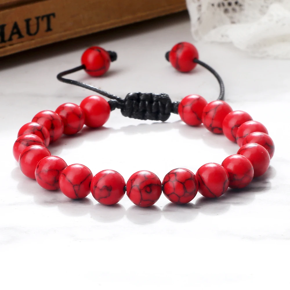 Red Natural Stone Bracelet Braided Black Rope Bangles Cross Helmet 8MM Beads Bracelets For Women Men Handmade Yoga Jewelry Gifts