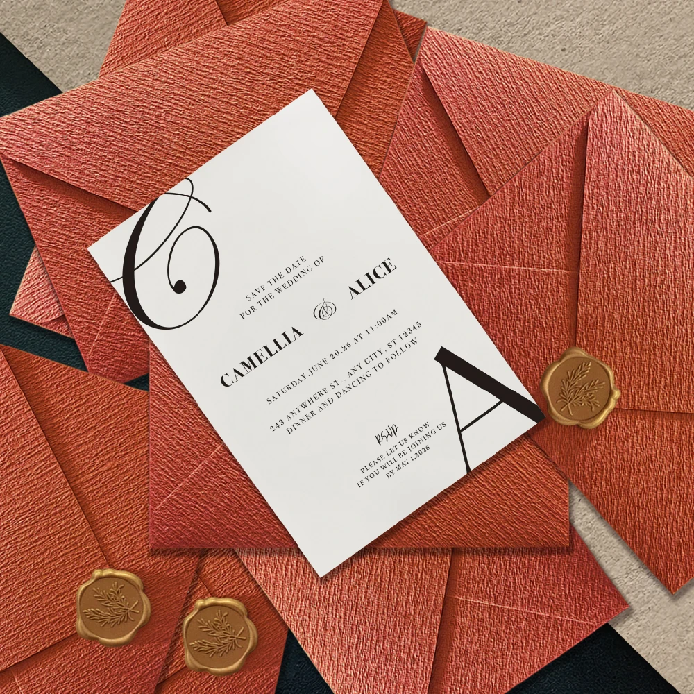 

Customizable Wedding Invitation Set - Orange Textured Envelopes with Finished Wax Seals for Special Events