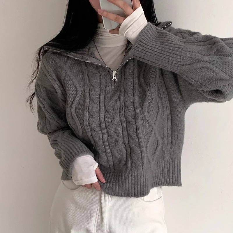 Laple Neck Zipper Ropa Mujer Twist Roupas Femininas 2024 Autumn Winter Woman Tops Long Sleeve Sweater Temperament Outerwears