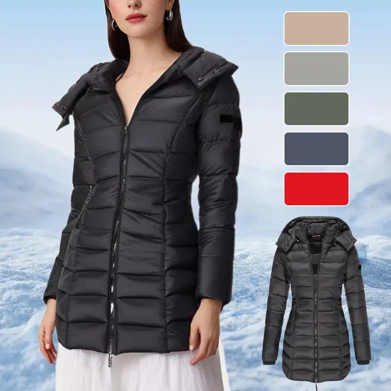 Women Winter Puffer Coat Warm Hooded Mid-Length Jacket Zip Up