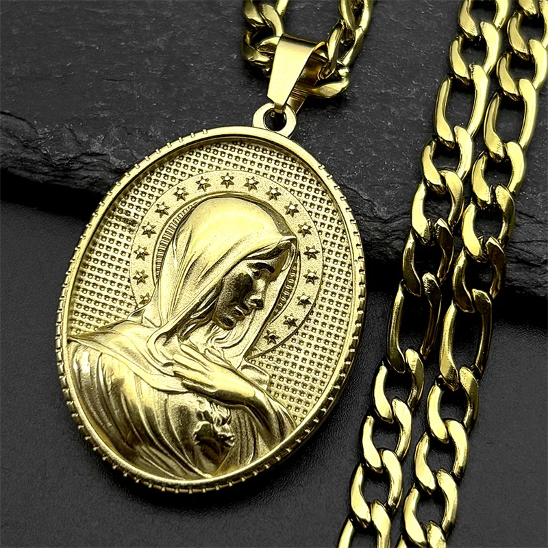الكاثوليكية القلب المقدس مريم العذراء قلادة قلادة للنساء الرجال الفولاذ المقاوم للصدأ الذهب اللون سيدة تميمة سلسلة مجوهرات هدية #3