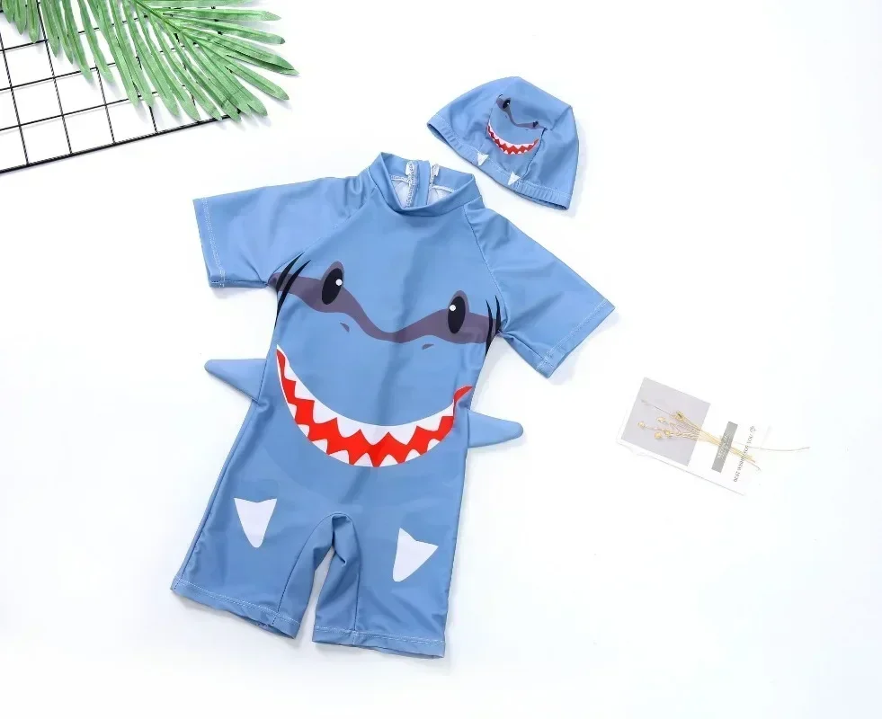 Baby Boys One-piece Swimsuit Cartoon Short Sleeve Shark Swimwear Little Boy Hot Spring Swimming Suit With Free Swimming Cap