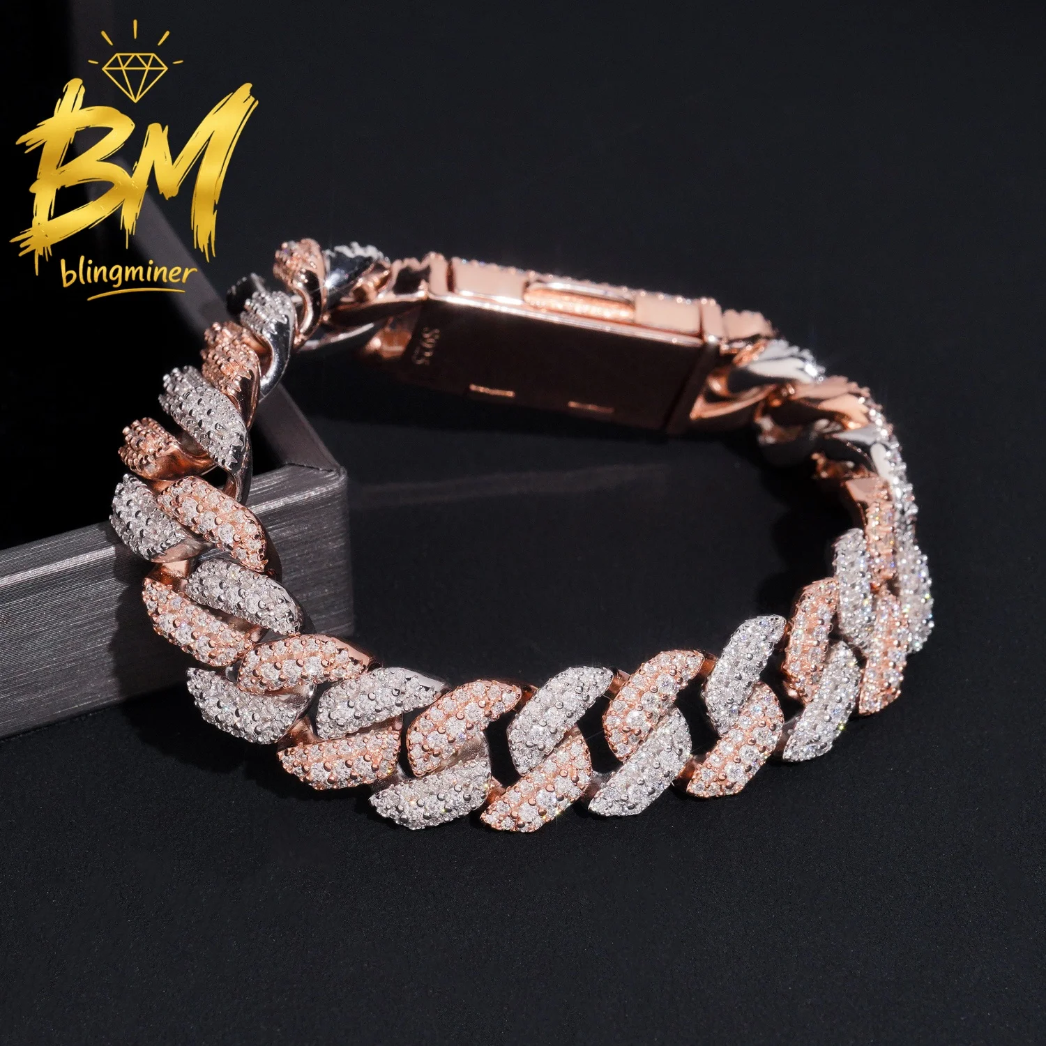 Blingminer S925 Silver 13mm 3Rows VVS Moissanite Cuban Link Chain Iced Out For Men Jewelry Pass Diamonds Tester With Free Shippi