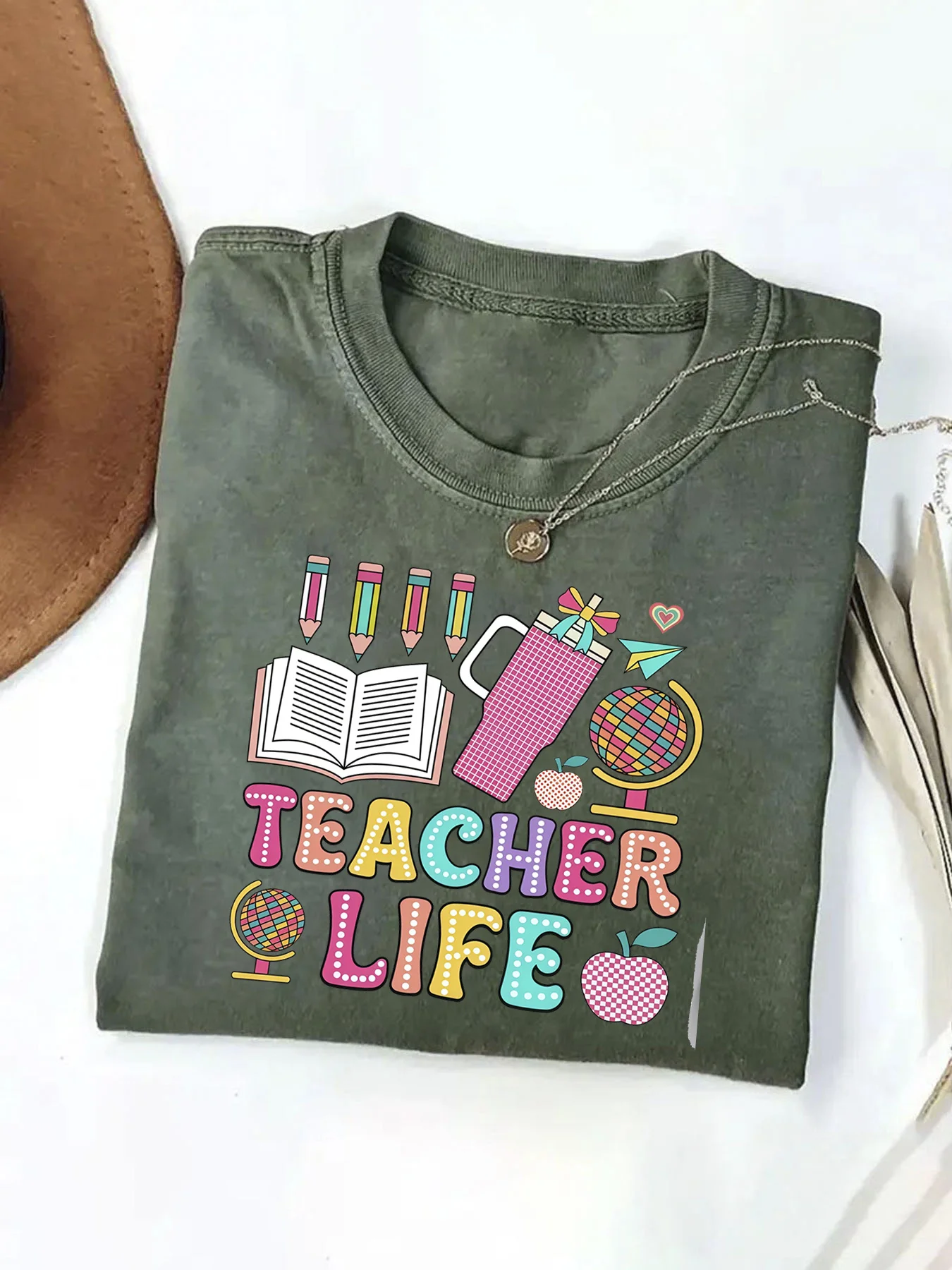 Teachers' Day Teacher Life Graphic T-Shirt - 230g Washed Cotton, Breathable & Sweat Absorbent, Casual Short Sleeve Tee