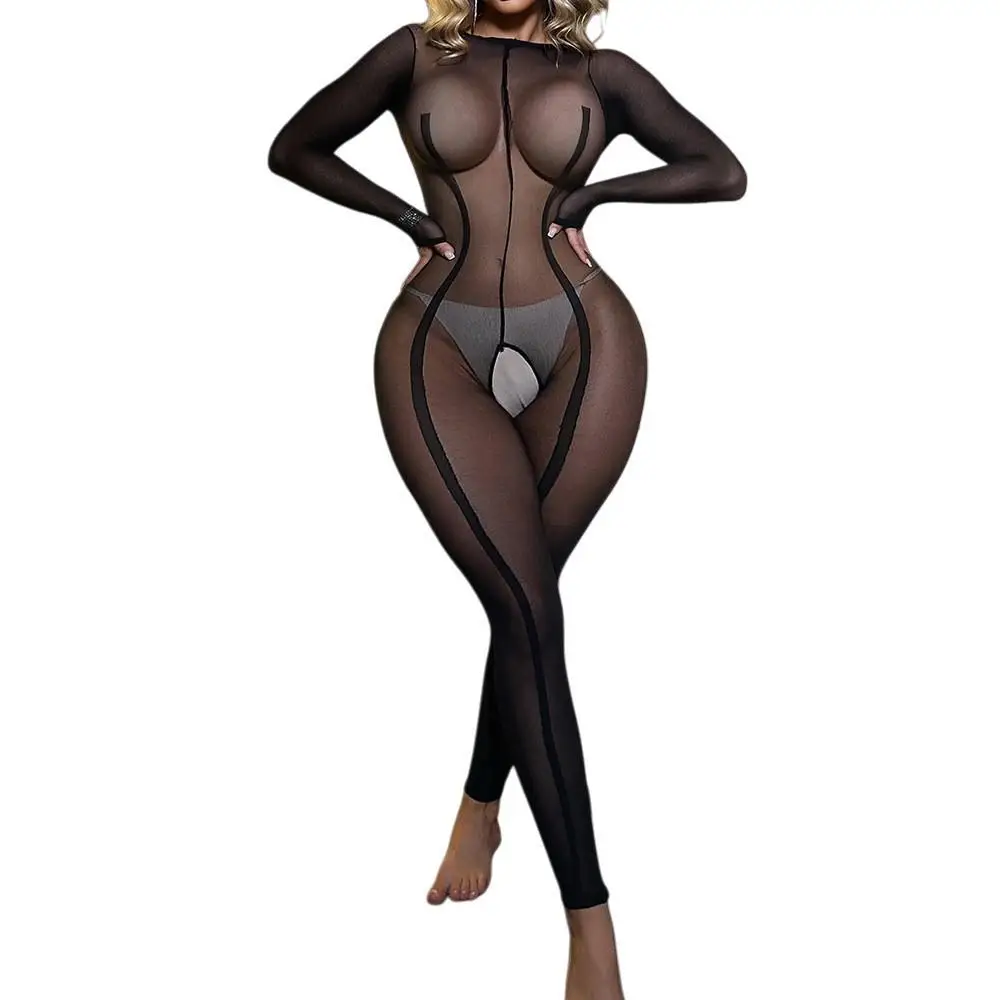 Black Bodysuit For Women Mesh See-Through Overalls Bodycon Romper One Piece Outfit Women Sexy Monos Mujer Full Bodystockings