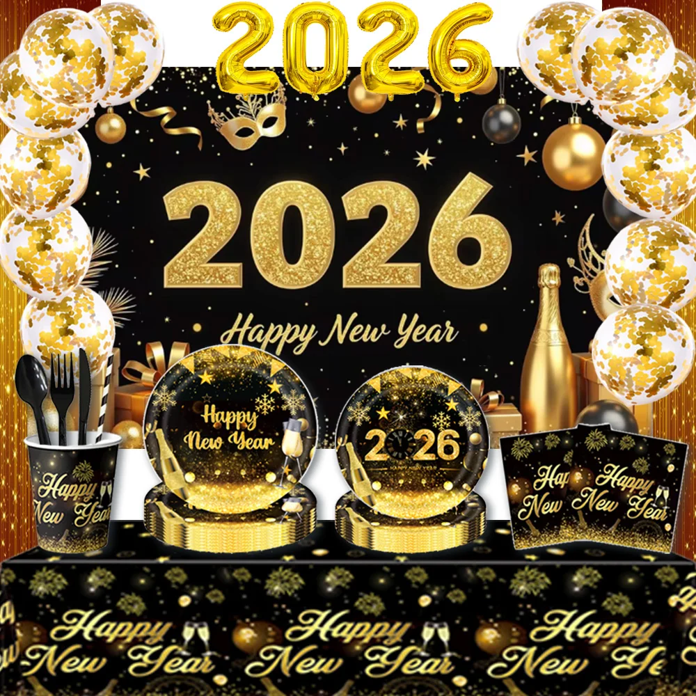 2026 Frohes Neues Jahr, Schwarzgold, Party-Dekoration, Zubehör, Silvester, Einweggeschirr, Hintergrund, Zahlenballon, Kindergeschenke