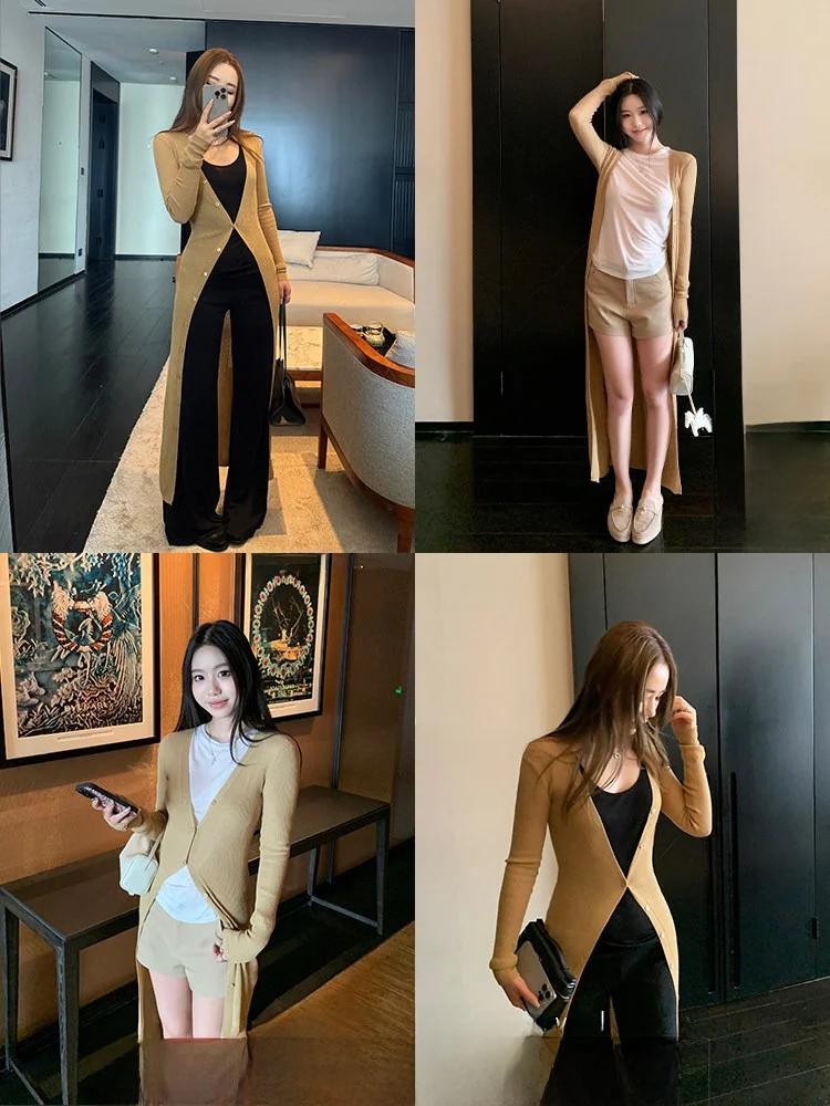 

Вязаный кардиган Xzichic: свободный, повседневный, с длинными рукавами, женский, тонкий, с защитой от солнца, V-образный вырез, средней длины, в корейском стиле