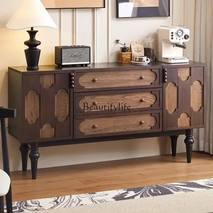 

55French retro solid wood dining side cabinet American living room integrated with wall medieval storage locker